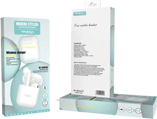 Treqa BT-200Pro Earbud Bluetooth Handsfree Ακουστικά με Θήκη Φόρτισης Λευκά