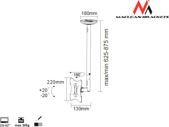 Maclean Energy MC-504A S MC-504S TV Mount Ceiling up to 42" and 30kg