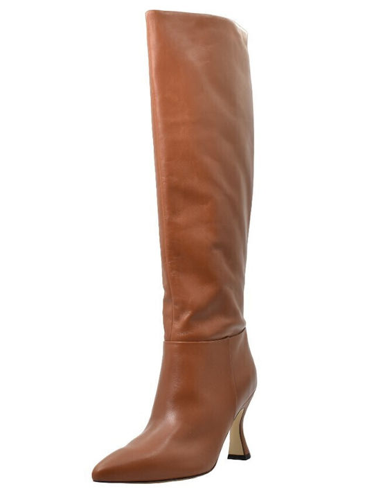 Leather High Heel Women's Boots Tabac Brown