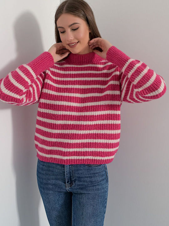 Fullah Sugah Women's Long Sleeve Sweater Striped Pink