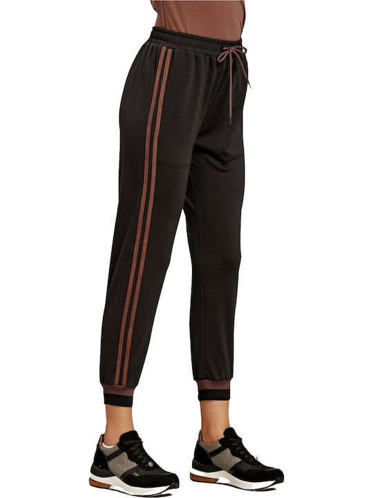 Derpouli 1.15.86014 Women's Fabric Trousers with Elastic Striped Black 1.15.86014B