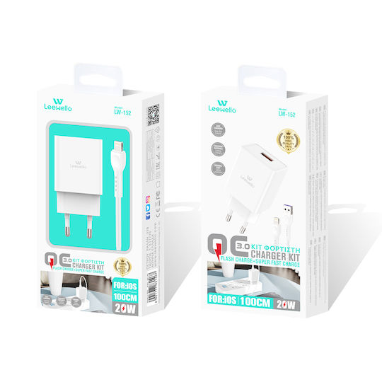 Leewello с USB-A порт и кабел Lightning 20W Бял (Lw-152)