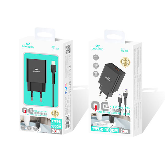 Leewello Încărcător cu Port USB-A și Cablu USB-C 20W Negruς (Lw-152)
