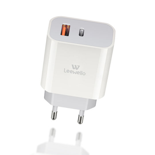 Leewello Зарядно Устройство с USB-A и USB-C Изходни Портове и USB-C Кабел 20W Бял Lw-153