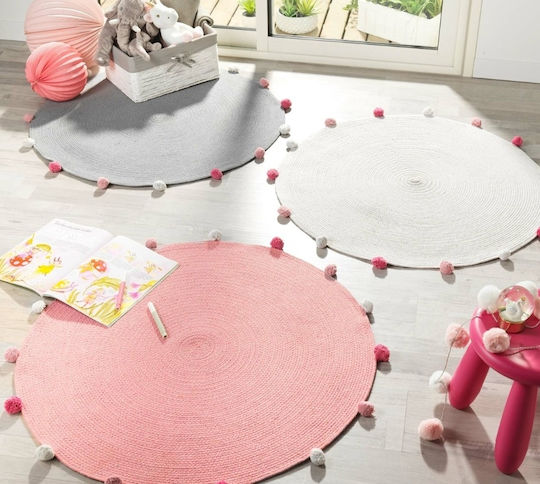 Pompom Party Παιδικό Χαλί Γκρι Στρογγυλό με Διάμετρο 90cm