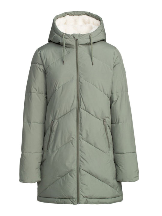 Roxy Women's Long Puffer Jacket for Winter with Hood Green