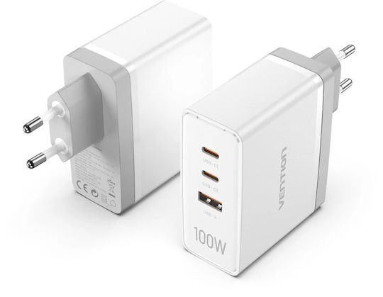 Vention Φορτιστής Χωρίς Καλώδιο GaN με Θύρα USB-A και 2 Θύρες USB-C 100W Power Delivery / Quick Charge 3.0 Λευκός (FEGW0-EU)