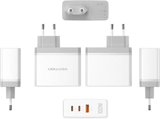 Vention Φορτιστής Χωρίς Καλώδιο GaN με Θύρα USB-A και 2 Θύρες USB-C 100W Power Delivery / Quick Charge 3.0 Λευκός (FEGW0-EU)