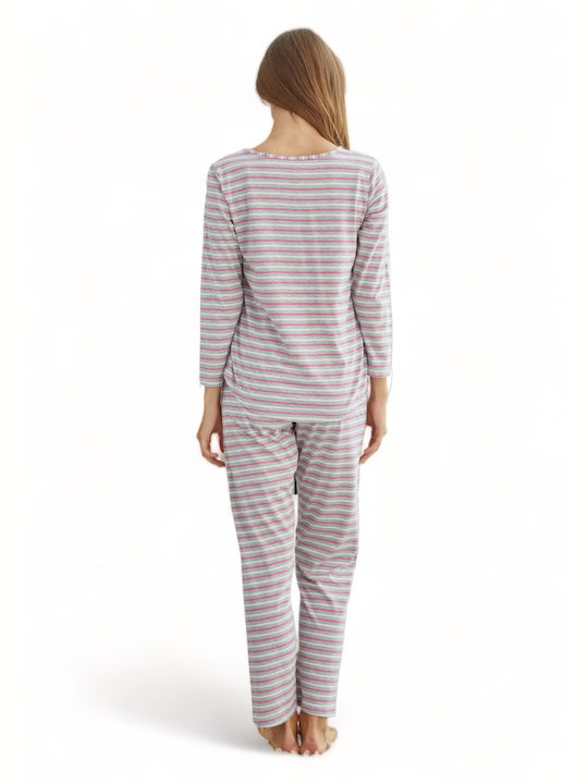 Sexen Women's Winter Cotton Pajama Blouse Grey Stripes