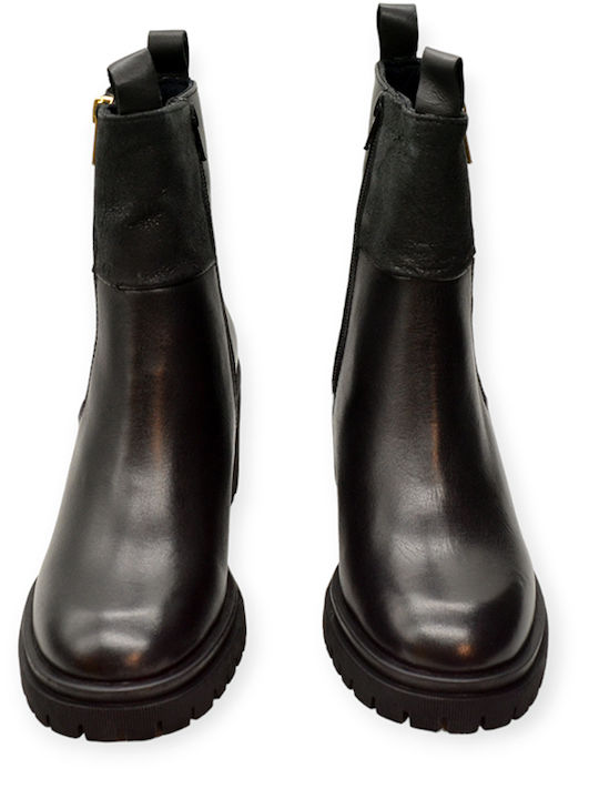 Leder Damen Stiefeletten mit Mittelhohem Absatz Schwarz