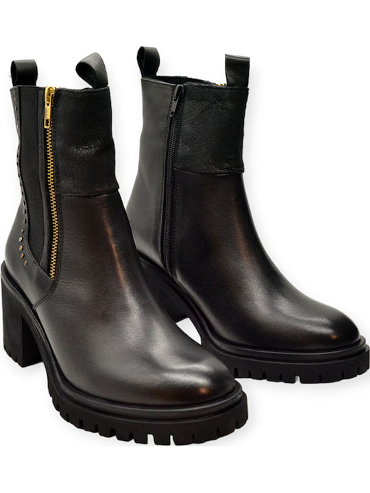 Leder Damen Stiefeletten mit Mittelhohem Absatz Schwarz