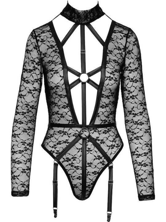 Cottelli Collection Bodysuit Sexy Cu Dantelă Și Jartiere Negru