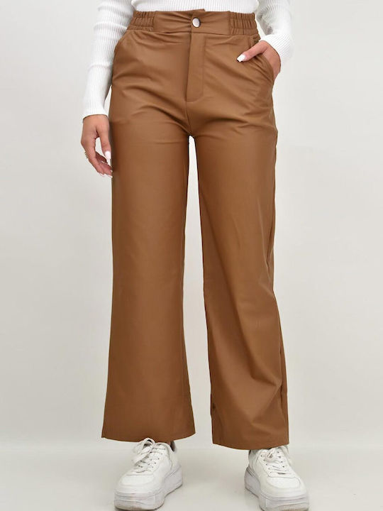 Women's Fabric Trousers with Elastic Straight Line Tabac Brownc Brown