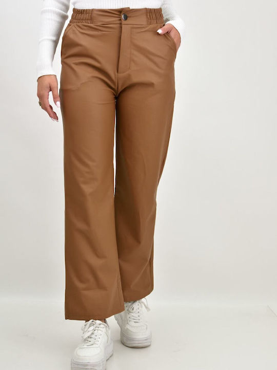 Women's Fabric Trousers with Elastic Straight Line Tabac Brownc Brown