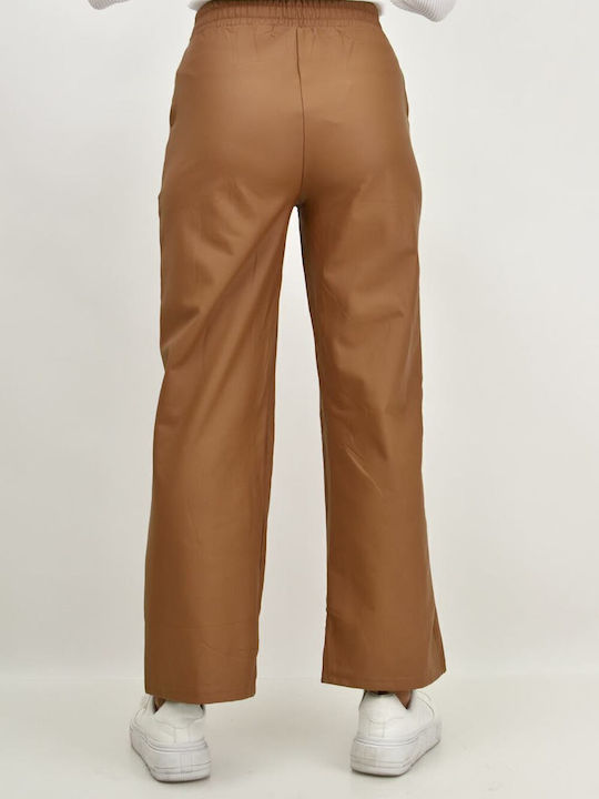 Women's Fabric Trousers with Elastic Straight Line Tabac Brownc Brown