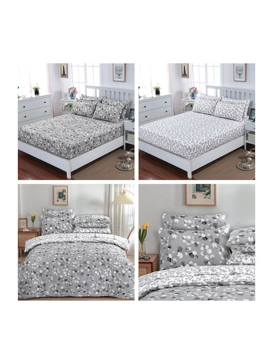 Casa Colori Grey Leaves Σετ Σεντόνια Ημίδιπλα με Λάστιχο 120x200+30εκ. Γκρι (3τμχ)