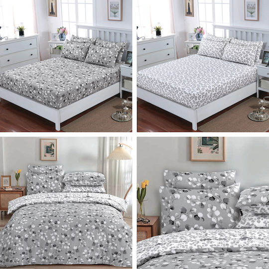 Casa Colori Set Dublu 4buc 140x200+30cm cu Elastic Grey Leaves Gri