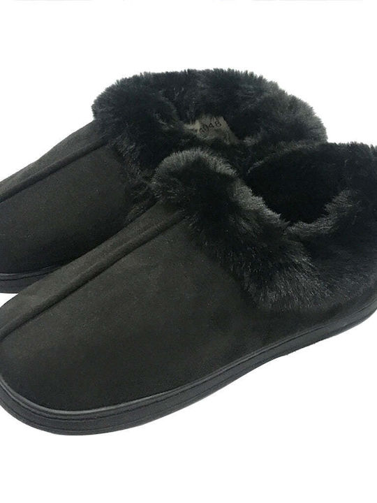 Ustyle Closed-Toe Women's Slippers with Fur Black