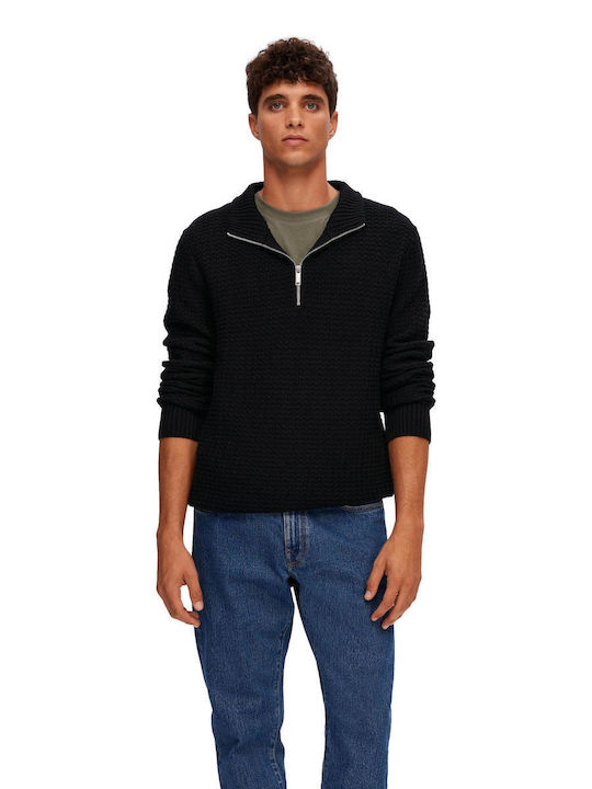 Selected Men's Long Sleeve Sweater with Zipper Black