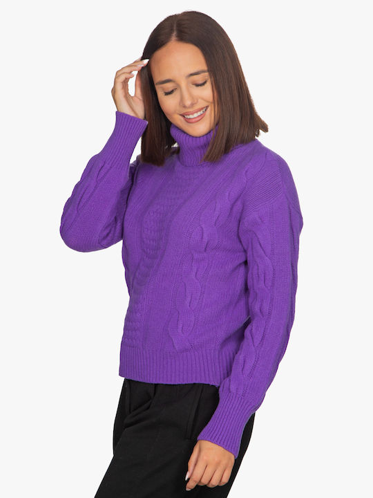 Vera Women's Long Sleeve Pullover Wool Turtleneck Purple