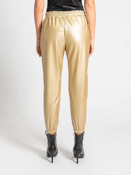 InShoes Women's Leather Capri Trousers with Elastic in Loose Fit Gold