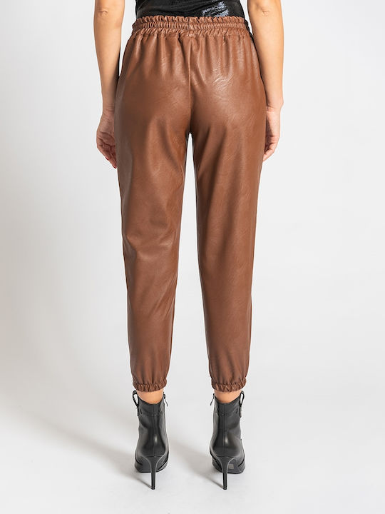 InShoes Women's Leather Capri Trousers with Elastic in Loose Fit Brown