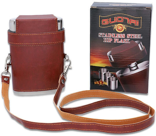 Flask Σετ Φλασκί Ανοξείδωτο με Σφηνοπότηρα Καφέ 240ml