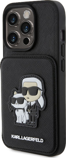Karl Lagerfeld Saffiano Card Slot Stand Karl and Choupette Back Cover Synthetic Leather / Plastic with Card Slot Black (iPhone 15 Pro)