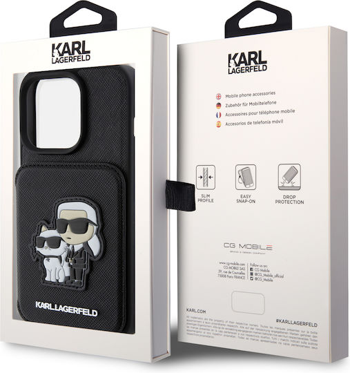 Karl Lagerfeld Saffiano Card Slot Stand Karl and Choupette Back Cover Synthetic Leather / Plastic with Card Slot Black (iPhone 15 Pro)