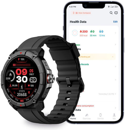 Ksix Compass Waterproof Smartwatch with Heart Rate Monitor (Black)