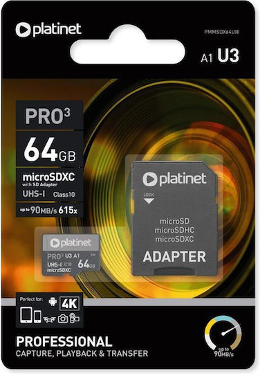 Platinet Pro3 microSDXC 64GB U3 A1 UHS-III 90MB/s με αντάπτορα