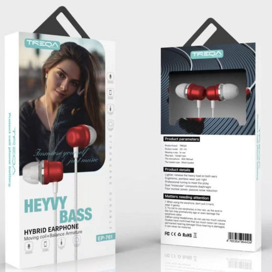 Treqa EP-761 In-ear Handsfree Headphones with Connector 3.5mm Red