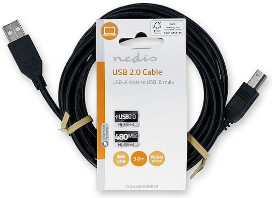 Nedis USB 2.0 Кабел USB-A мъжки - USB-A мъжки / USB-B мъжки Черен 3м CCGL60100BK30