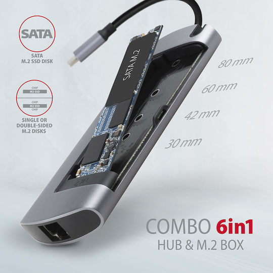 Axagon HMC-6M2 USB-C Docking Station mit HDMI 4K PD Ethernet Silber