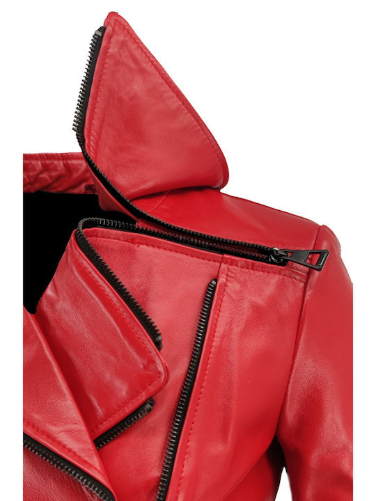 Women's Short Lifestyle Leather Jacket for Winter Red