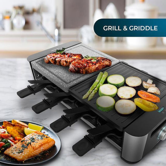 Cecotec Cheese&grill 16000 Inox Mixgrill Επιτραπέζια Ηλεκτρική Ψησταριά Raclette Λείας και Αυλακωτής Πλάκας 1400W Ανοξείδωτη με Ρυθμιζόμενο Θερμοστάτη 22x20εκ.