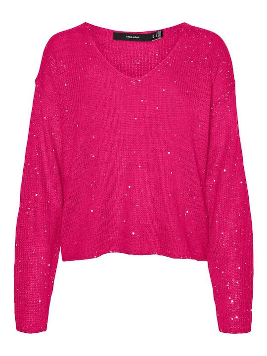 Vero Moda Women's Long Sleeve Sweater with V Neckline Fuchsia