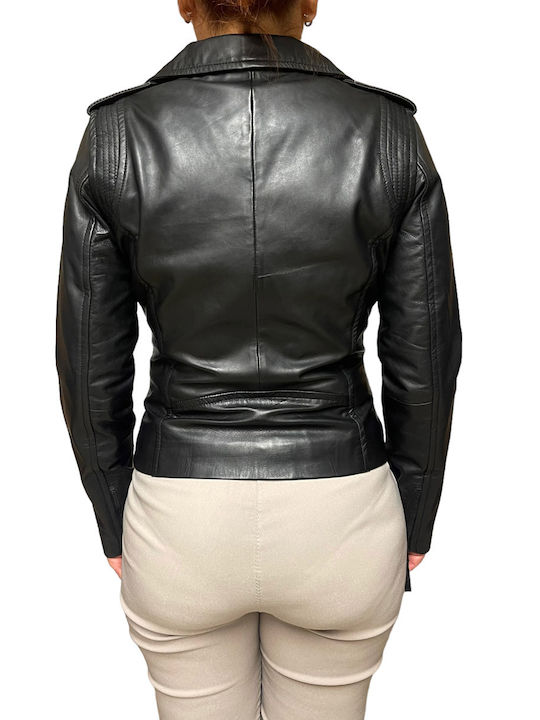 Women's Short Lifestyle Leather Jacket for Winter Black