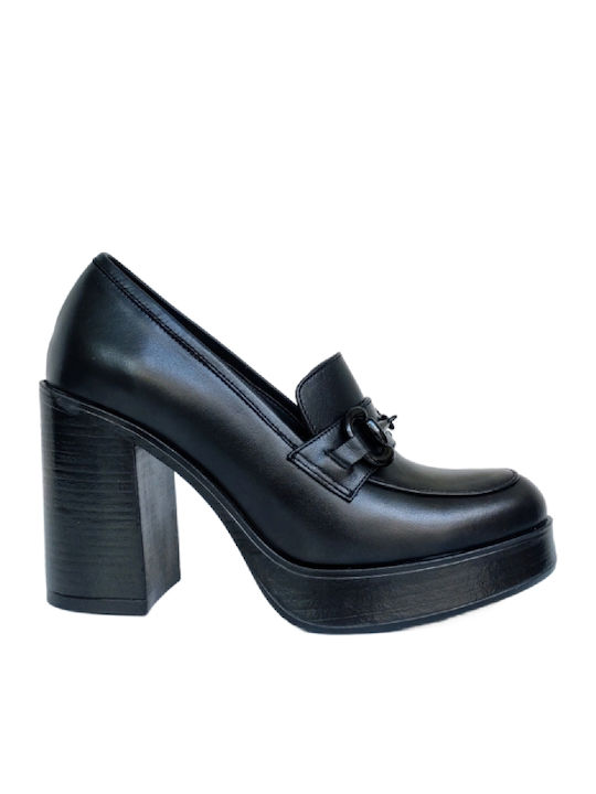 Leder Pumps mit Chunky hohem Absatz Schwarz