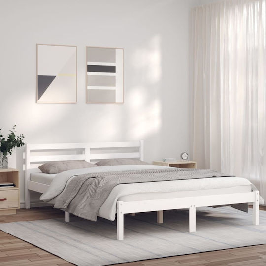 Pat Dublu din Lemn Masiv Alb cu Lamele pentru Saltea 135x190cm