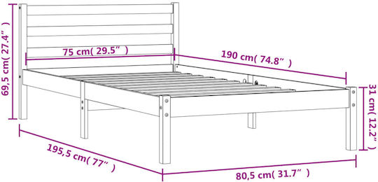 Bed Single Upholstered with Fabric Masif Pine with Slats for Mattress 75x190cm