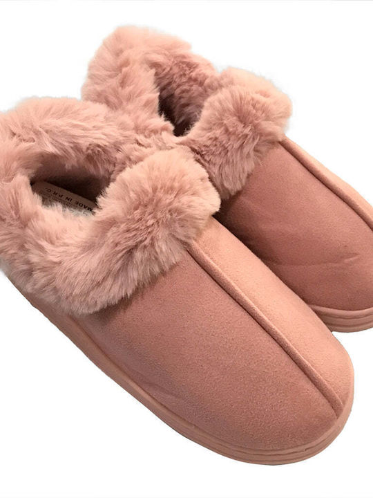 Ustyle Closed-Toe Women's Slippers with Fur Pink