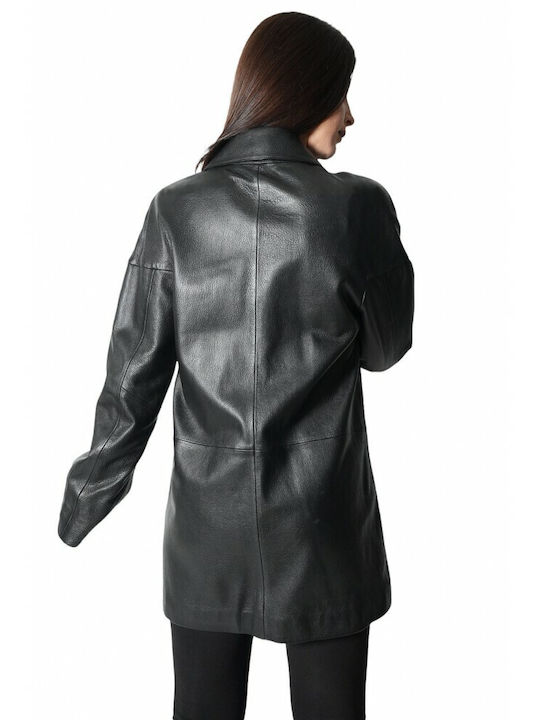 MARKOS LEATHER Μεσατη Women's Long Lifestyle Artificial Leather Jacket for Winter Black