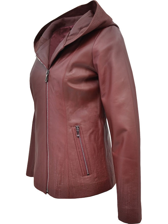 Δερμάτινα 100 Women's Short Lifestyle Leather Jacket for Winter with Hood Burgundy