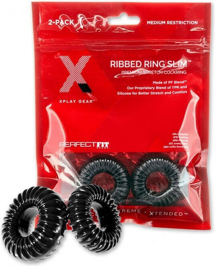 Perfect Fit Brand XPlay Gear Slim Ribbed Cock Rings 2 Pack Σετ Δαχτυλίδια Πέους Μαύρα 2τμχ