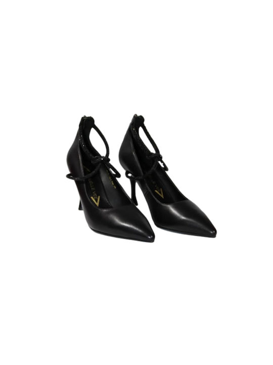 Emanuelle Vee Leather Black Heels with Strap