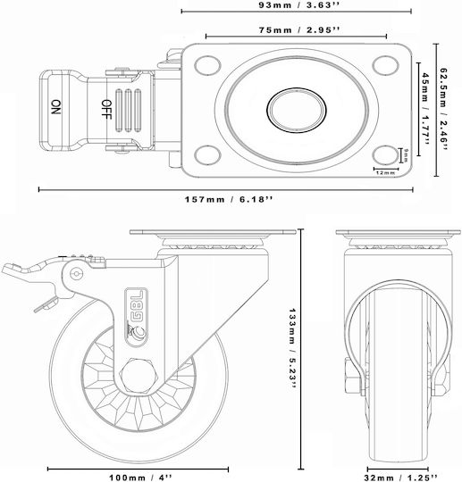 Gbl Castor Roți Rotative Poliuretană Cu Frână 4 Bucăți 100x100mm