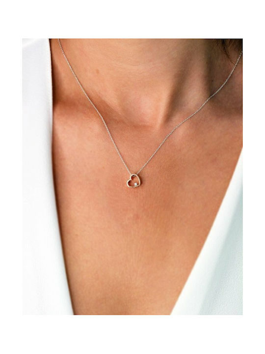 SOLEDOR's Open heart necklace in 14K white gold and pink gold with cubic zirconia