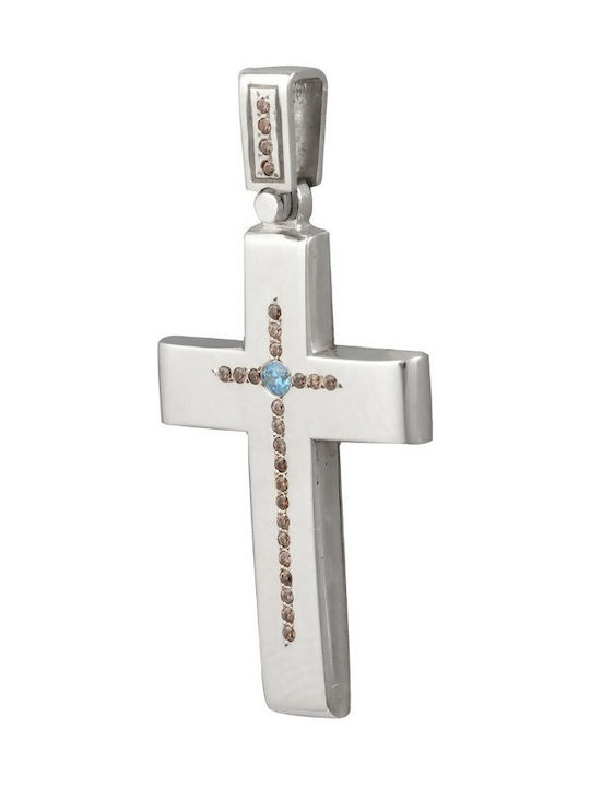 Baptismal cross in white gold 14K with blue and brown cubic zirconia (ΣΤ001117)