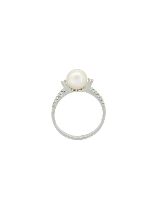 14K White Gold Ring with Pearl and Zircon MΔ0040